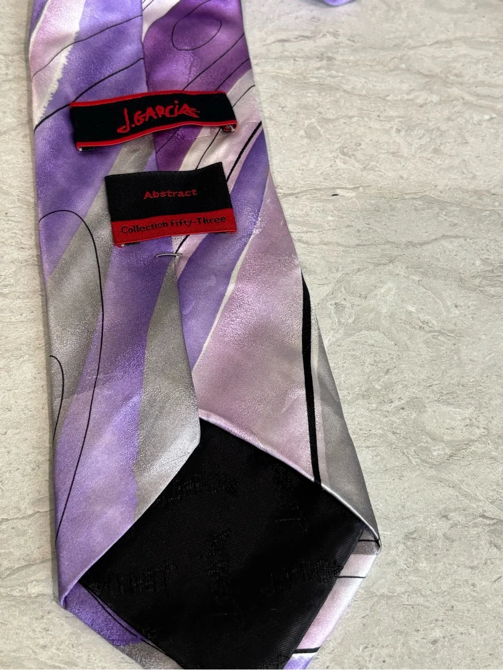 J. Garcia Lavender and Silver Diagonal Stripe and red guitar silk ties